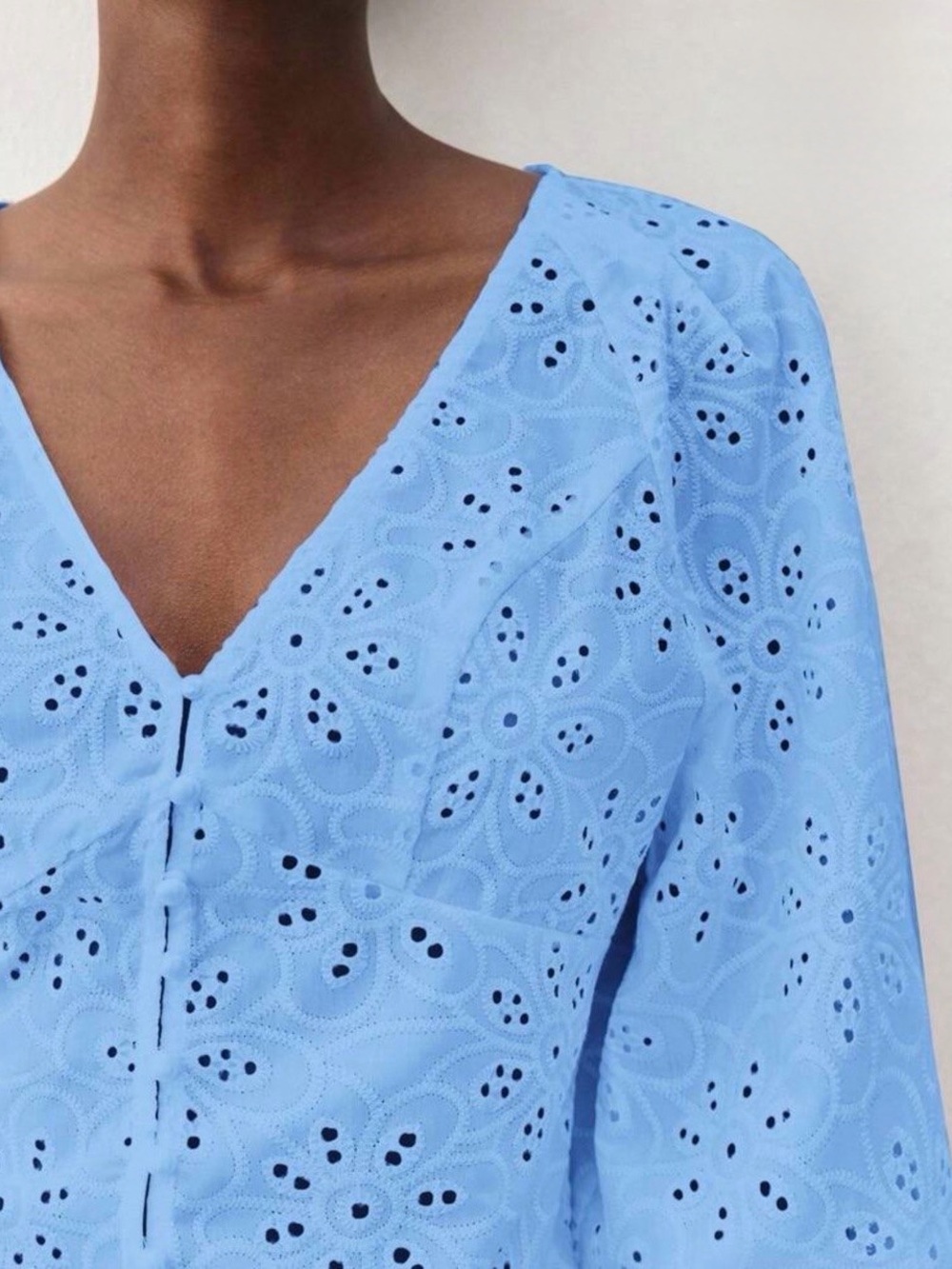 Sky Blue Eyelet V-Neck Puff Sleeve Blouse - Picture 3 of 6